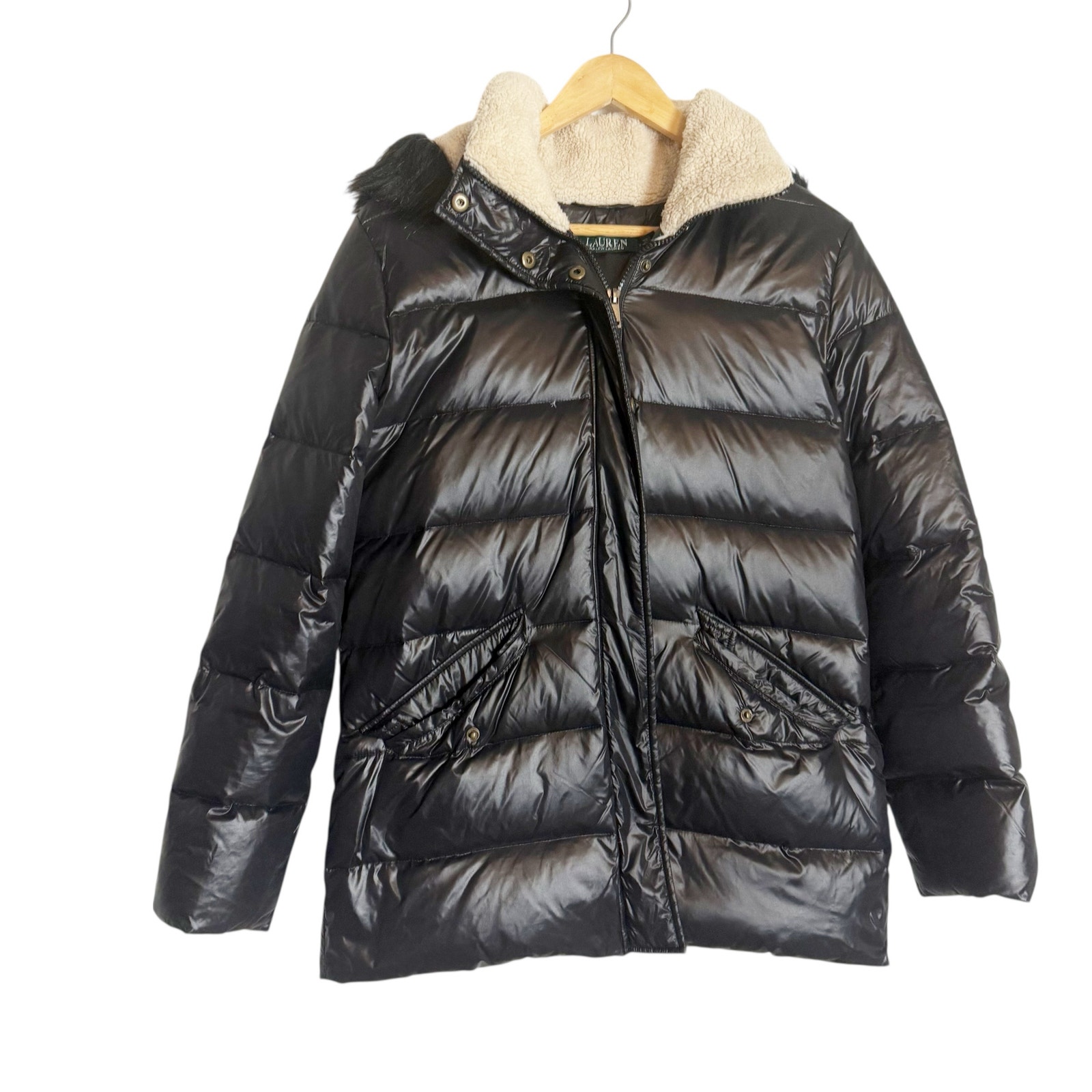 Lauren Ralph Lauren Black Sherpa Hooded Winter Down Fill Puffer Coat Size Medium